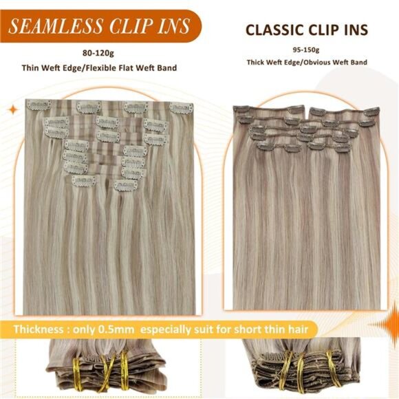 Full Shine Ash Blonde Clip in Extensions Human Hair 22 Inch Pu Weft Real Hair - Picture 4 of 7